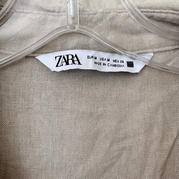 Zara Lace Trim Linin Blend Mini Dress Sand Size Medium Collared Short Sleeve - Picture 6 of 8